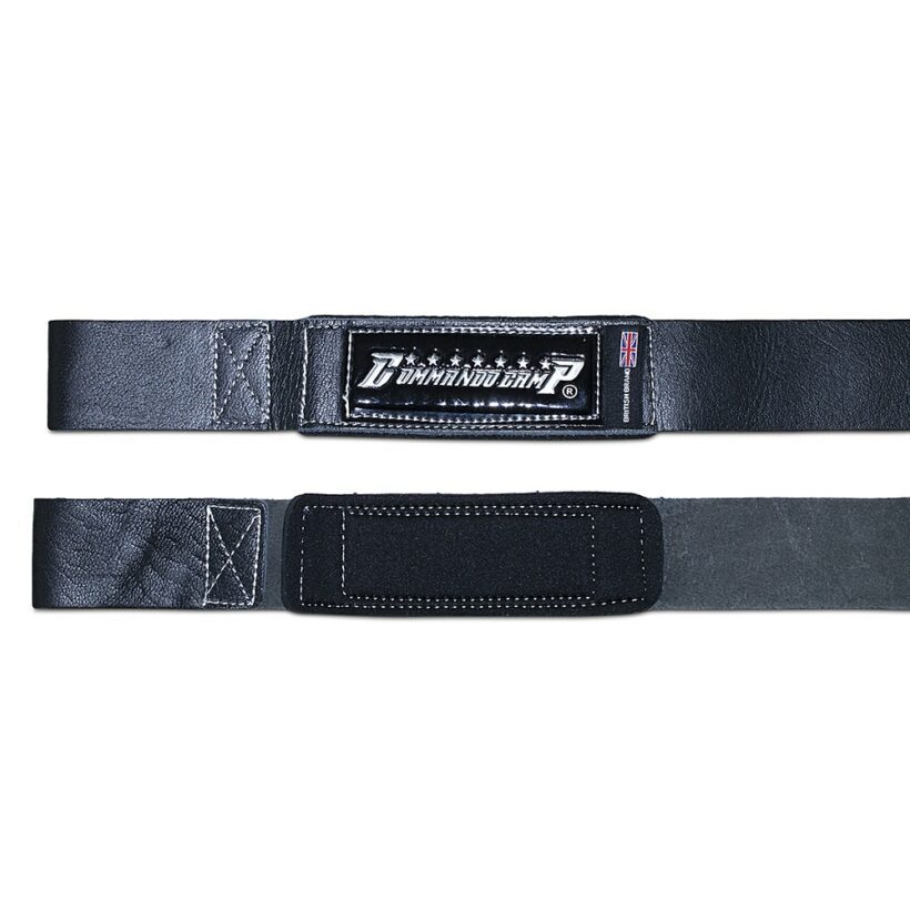 Black/Silver Commando Camp Leather Weight Lifting Straps